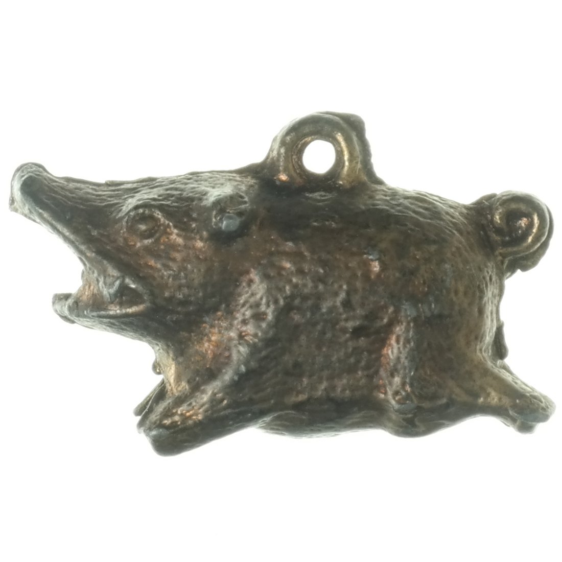 Anti-J. G. Blaine Stanhope Pig Charm: 1" lead pig-form charm with phototransfer pink glass portrait of 1884 Republican candidate James G. Blaine, visible by peering through pig's posterior. Invokes a common 19th century turn of phrase, "U