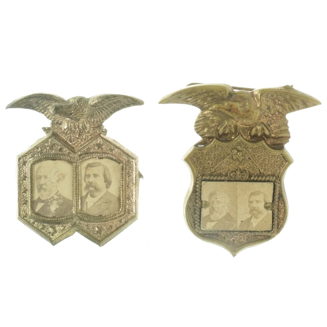 Blaine & Logan Two 1884 Jugate Shell Badges: Two 1-1/4" brass shell badges with jugate portraits of 1884 Republican candidate James G. Blaine and running mate John A. Logan.