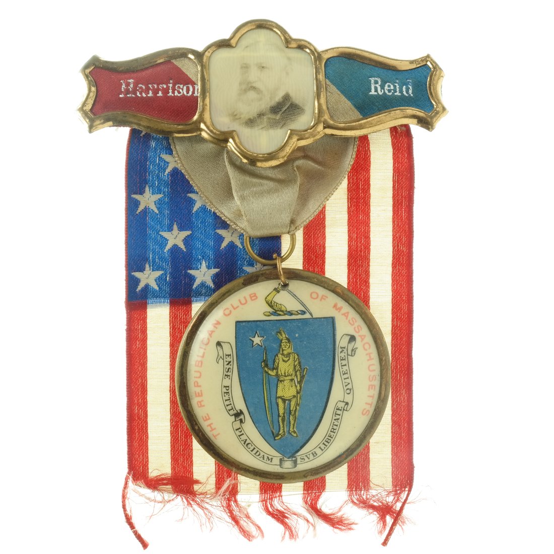 Harrison & Reid - 1892 Celluloid Ribbon Badge: 3-3/4" high ribbon badge with celluloid medallion commemorating the "Republican Club of Massachusetts' Annual Dinner." Suspended from a celluloid and woven hanger bar with engraved portrait of 1892 Re
