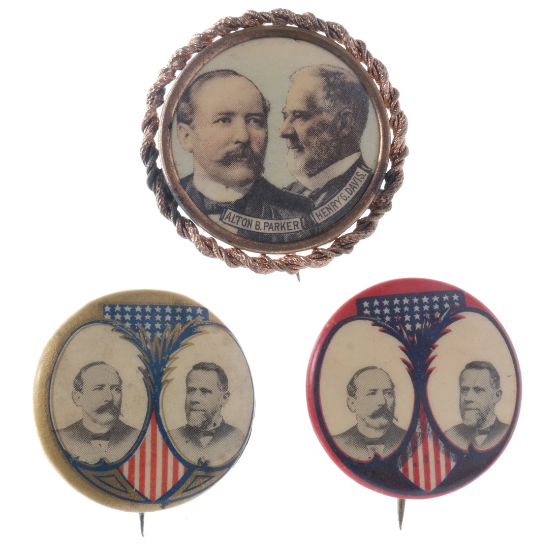 Parker & Davis - Three 1904 Celluloid Jugate Pinbacks (1 of 5)
