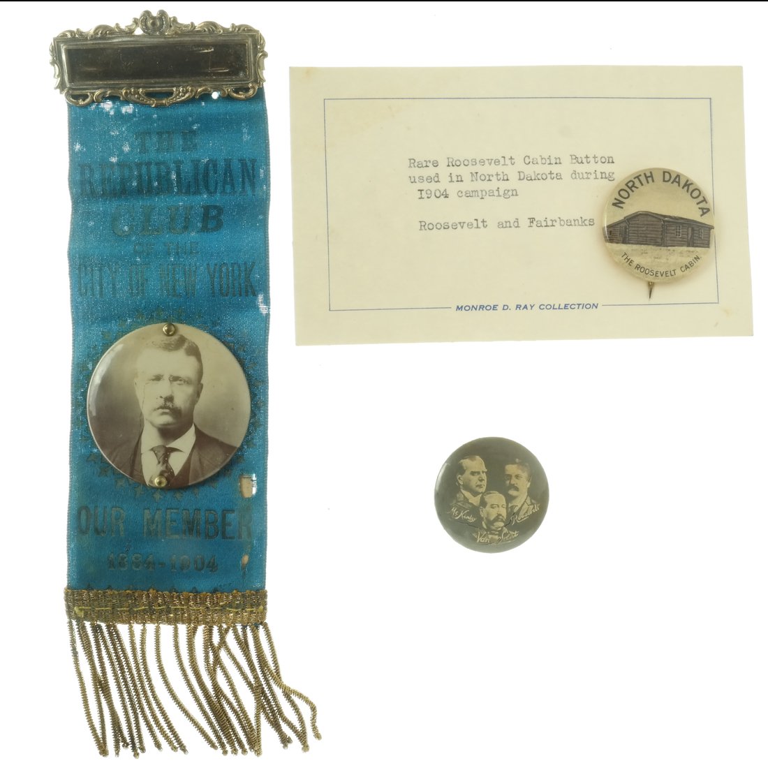 T. Roosevelt - Three Items: Comprises: 1.) 8" Ribbon badge with brass hanger bar and attached celluloid portrait of 1904 Republican candidate Theodore Roosevelt. Gilt stamped "The Republican Club of the City of New York / Our Me