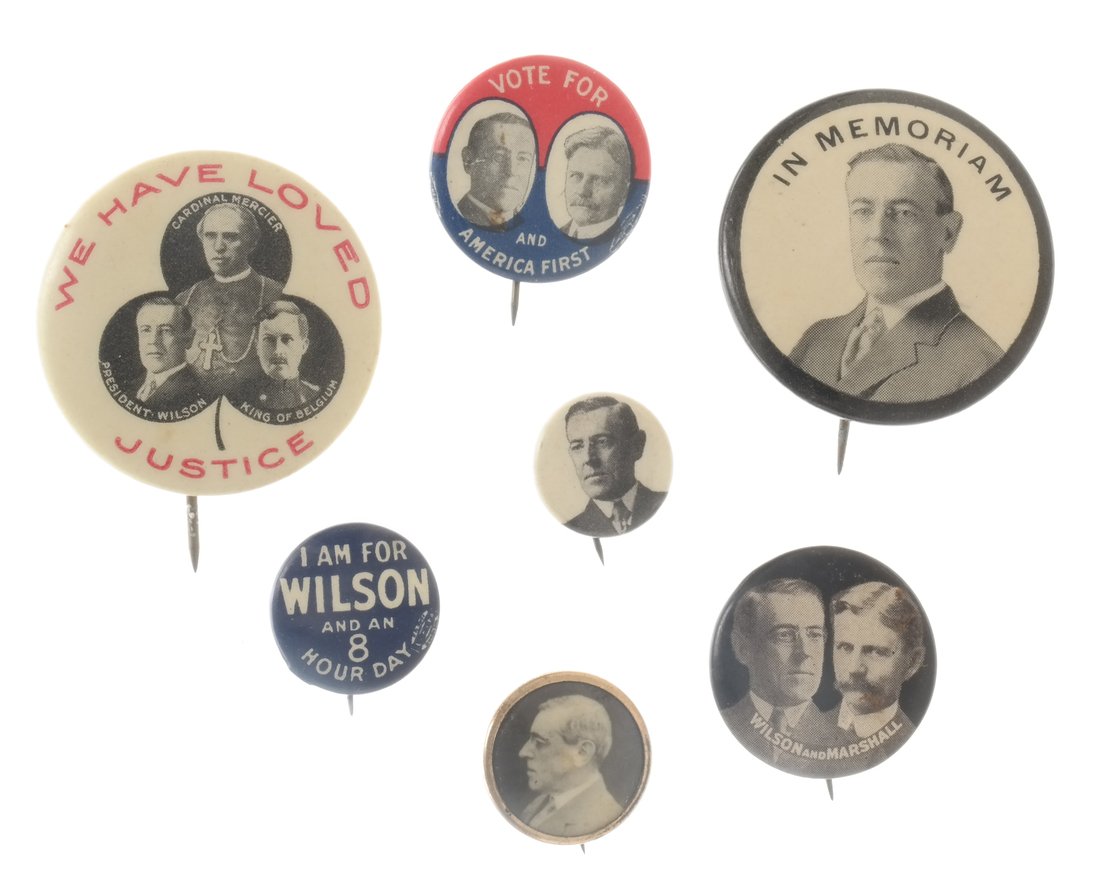 Woodrow Wilson - Seven Pinbacks: Seven celluloid pinbacks (Largest 1-1/4") supporting Democratic candidate Woodrow Wilson. Includes: One trigate with The King of Belgium and Cardinal Mercier reading, "We Have Loved Justice"; Two juga
