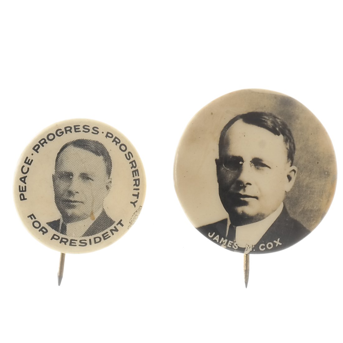 James M. Cox - Two 1920 Portrait Pin Back Buttons (1 of 4)