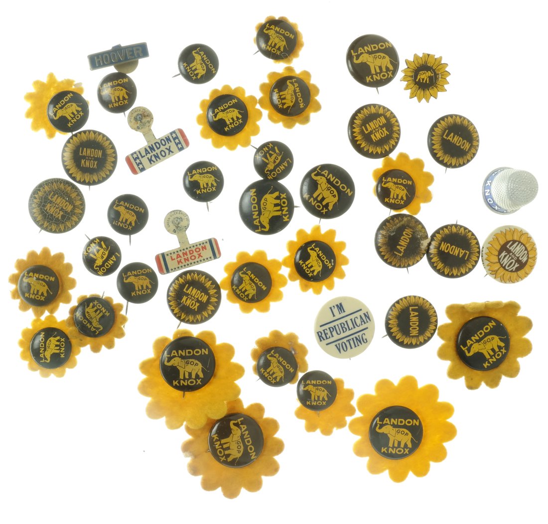 Landon & Knox - Large Group of 1936 Items: Approximately 38 items supporting 1936 Republican candidate Alf Landon and running mate Frank Knox. Mostly lithos with felt sunflower surround. Includes thimble, and slogan button, et al.