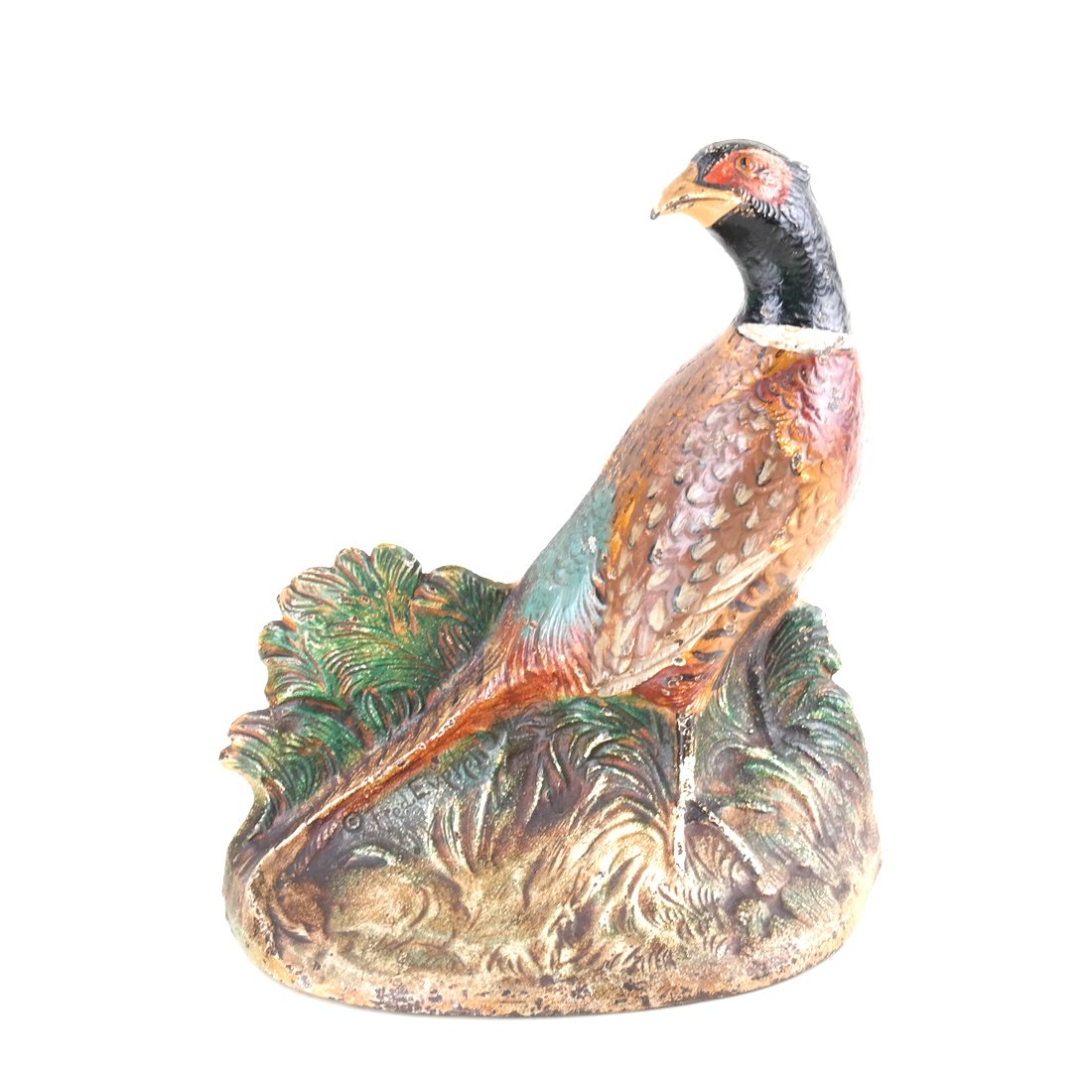 Painted Cast Iron Pheasant Doorstop: By Hubley Mfg. Co., after a model by Fred Everett, the front impressed under his tail with copyright symbol and "Fred Everett", realistically modeled and painted. [8 3/4" H x 7 3/4" W].