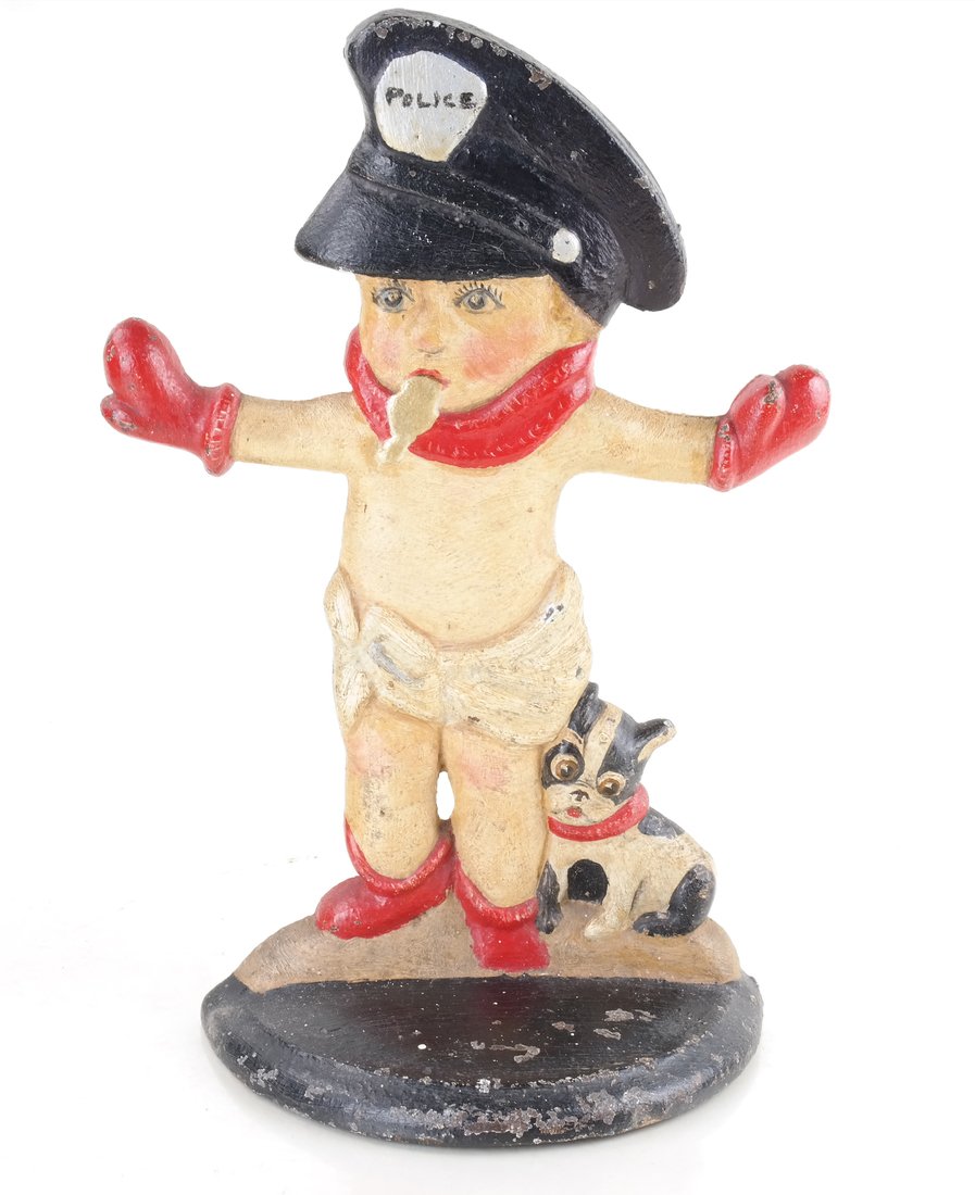 Painted Cast Iron Police Boy Doorstop: Apparently unmarked [10 5/8" H x 7 1/4" W].