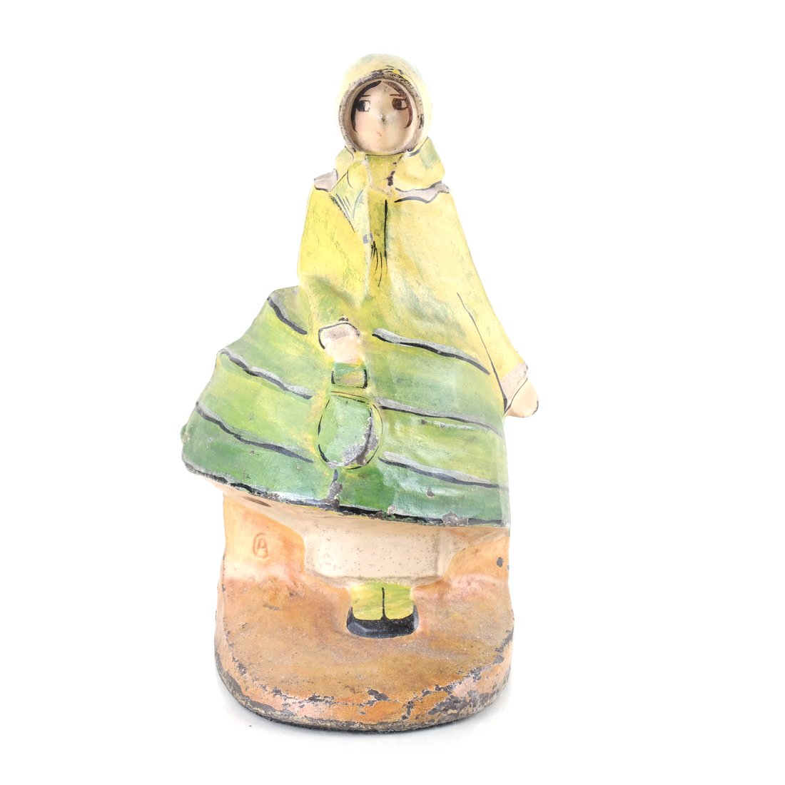 Painted Cast Iron Lady Doorstop: "Old Fashioned Lady" by Hubley Mfg. Co., impressed with monogram "CB", reverse impressed "HUBLEY" and "296", on front and at right of her right ankle, molded as wearing a bonnet, scarf and coat, paint