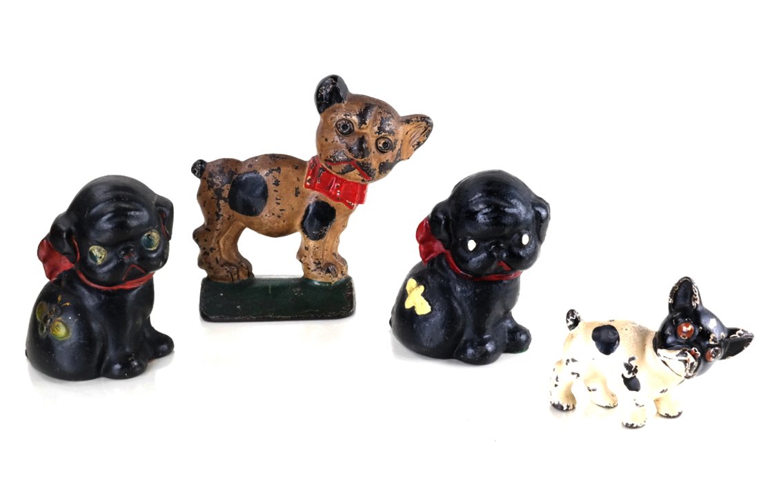 Four Painted Cast Iron Dog Figures: Including: two bookends modeled as a stylized seated puppy, a full-bodied, solid-cast Boston Terrier party favor, and a solid-cast Boston Terrier doorstop. [Height: 3 1/4" to 6 1/2"; Width: 4 1/4" to 