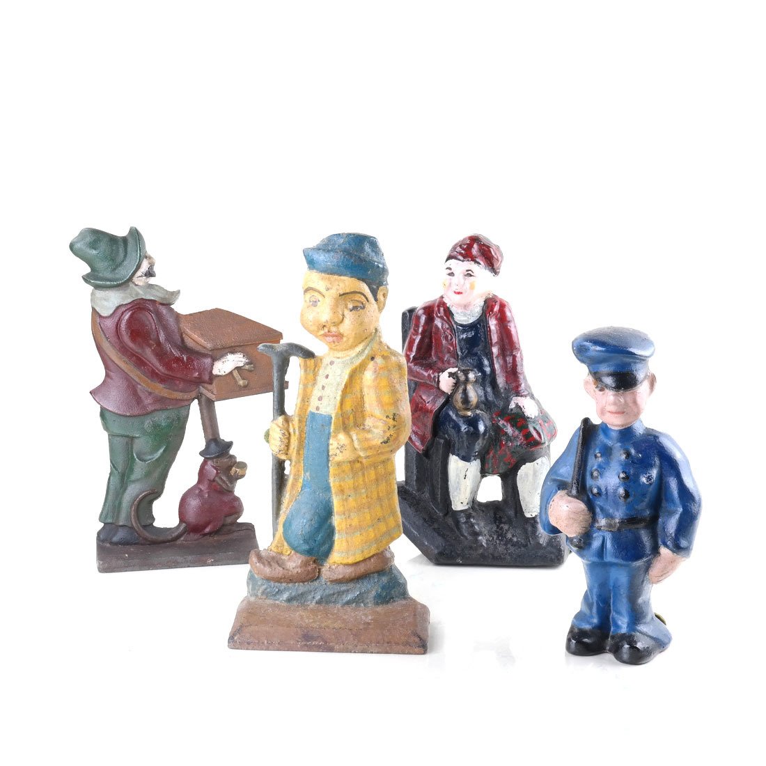 Four Painted Cast Iron Figures: Comprising: Man with Cane; Policeman by Le Mur Lgt. Co., the reverse impressed "Le Mur / LGT. Co. / Pat / Pending"; Organ Grinder; and a seated Toby figure. [Height 8" to 10 1/4"; Width: 4" to 5 3/4"]