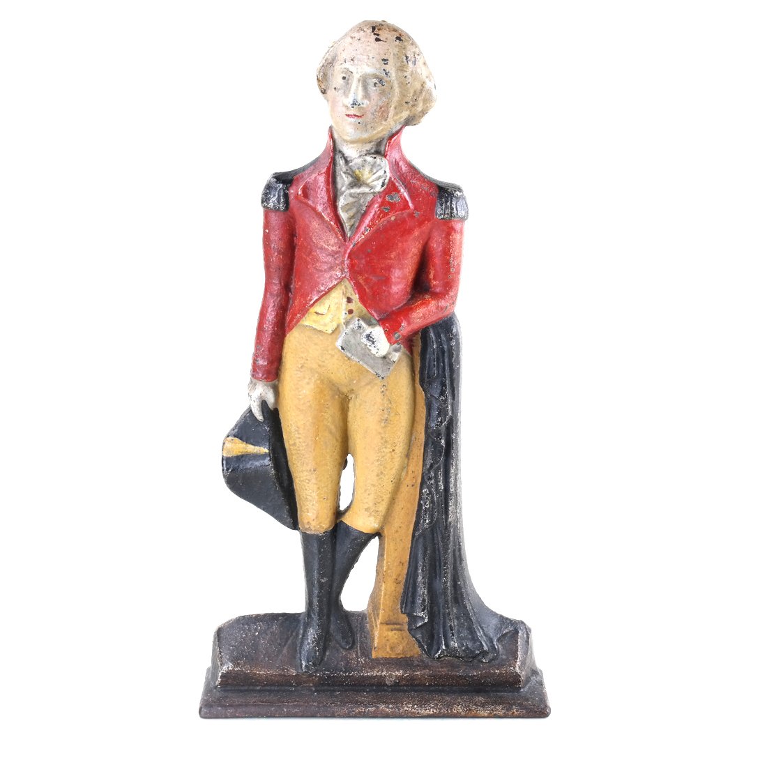 Painted Cast Iron G. Washington Doorstop: Modeled as George Washington standing and holding his hat in his right hand. [12 1/4" H x 6 3/8" W].