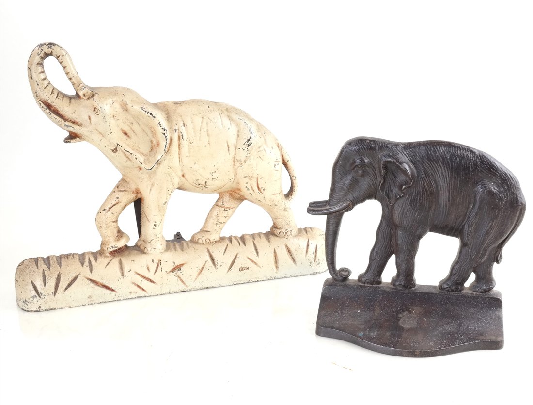 Two Cast Iron Elephants: Comprises: 1.) Solid-cast bookend modeled as an Asian elephant possibly by Bradley and Hubbard [6" H x 8-3/4" W]. 2.) Painted relief-molded andiron modeled as an African elephant. Reverse impressed "H