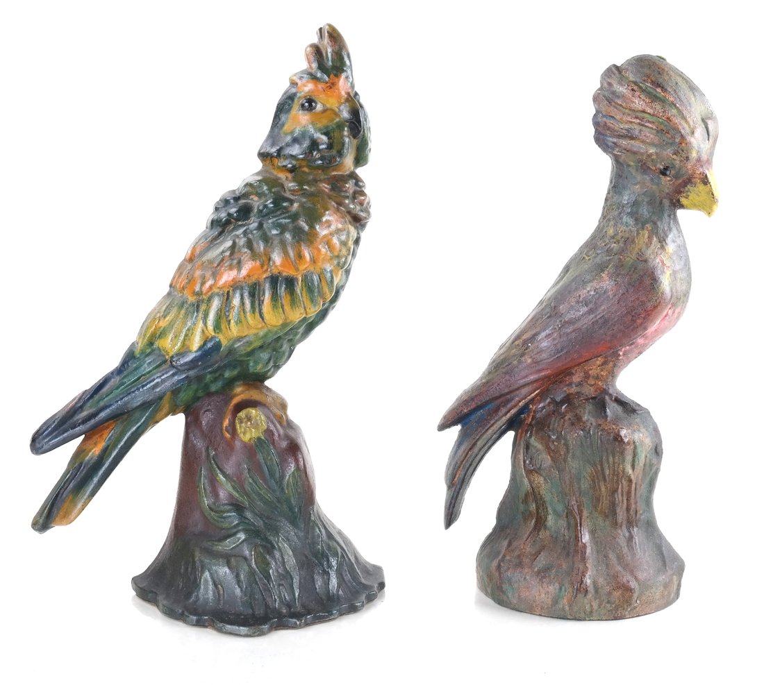Two Painted Cast Iron Bird Doorstops: Albany Foundry and National Foundry examples modeled in relief. Comprises 1.) Parrot with reverse impressed "...Foundry (81)." 2.) Cockatoo with reverse impressed "82" [sizes from 13" to 12" H and 8" 