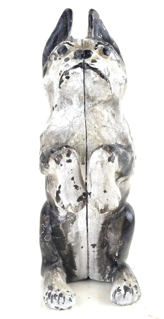 Cast Iron Boston Terrier: The hollow-cast, full-bodied figure modeled and painted as Begging Boston Terrier, [9" H x 5" W].