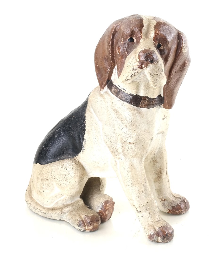 Cast Iron Beagle Doorstop: The hollow-cast, full-bodied figure molded and painted as seated, [8" H x 6 1/2" W].