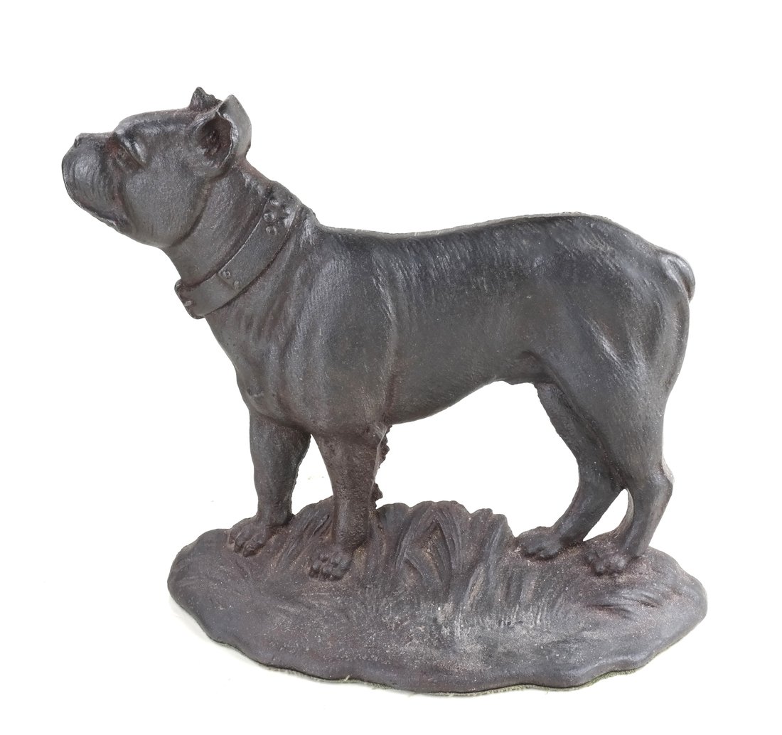 Cast Iron Bull Dog Doorstop: Probably by Bradley and Hubbard, apparently unmarked, the relief-molded figure modeled as wearing a studded collar and standing on grass, [10 1/2" H x 12" W].