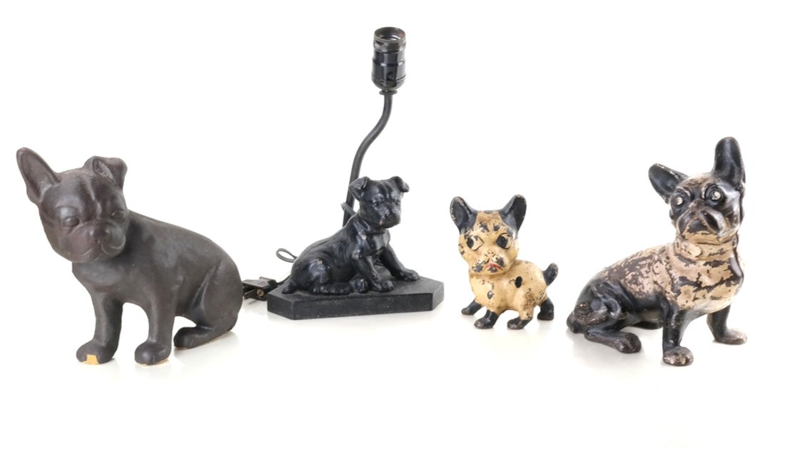 Four Cast Iron Bull Terriers: Comprising:French Bull Dog probably by Littco Co., National Foundry or Hubley Mfg. Co., modeled as a hollow-cast, full-bodied seated figure, Whimsical Boston Terrier modeled as a solid-cast, full-bodi