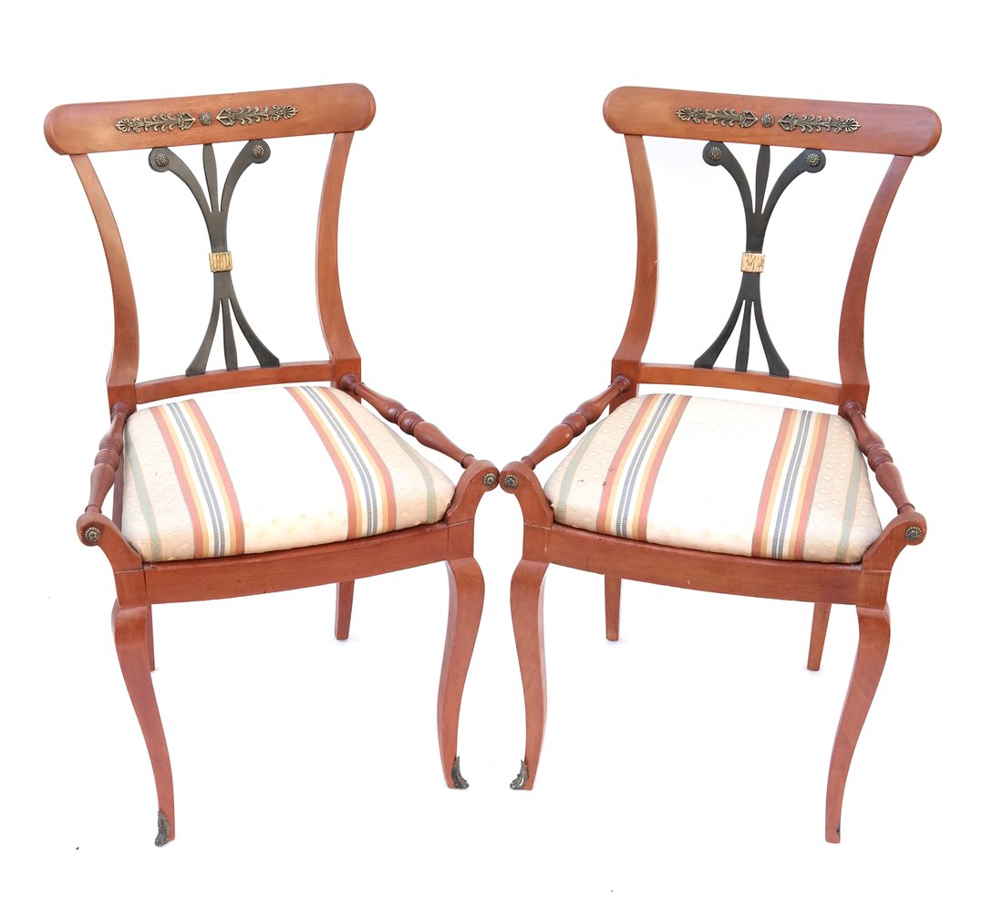 Pair Scandinavian Style Side Chairs: Pair of Scandinavian Style Fruitwood Side Chairs, 20th century, each with a ebonized pierced splat, the upholstered seat centered by a pair of low turned rails, [Crest H 36" x Seat H 19" x W 21 1/2" x
