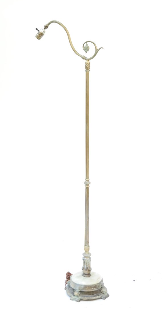 Edwardian Gilt Metal and Onyx Floor Lamp: 20th century, [H 58 1/2" x W over arm 17" x D 10"], surface wear overall.
