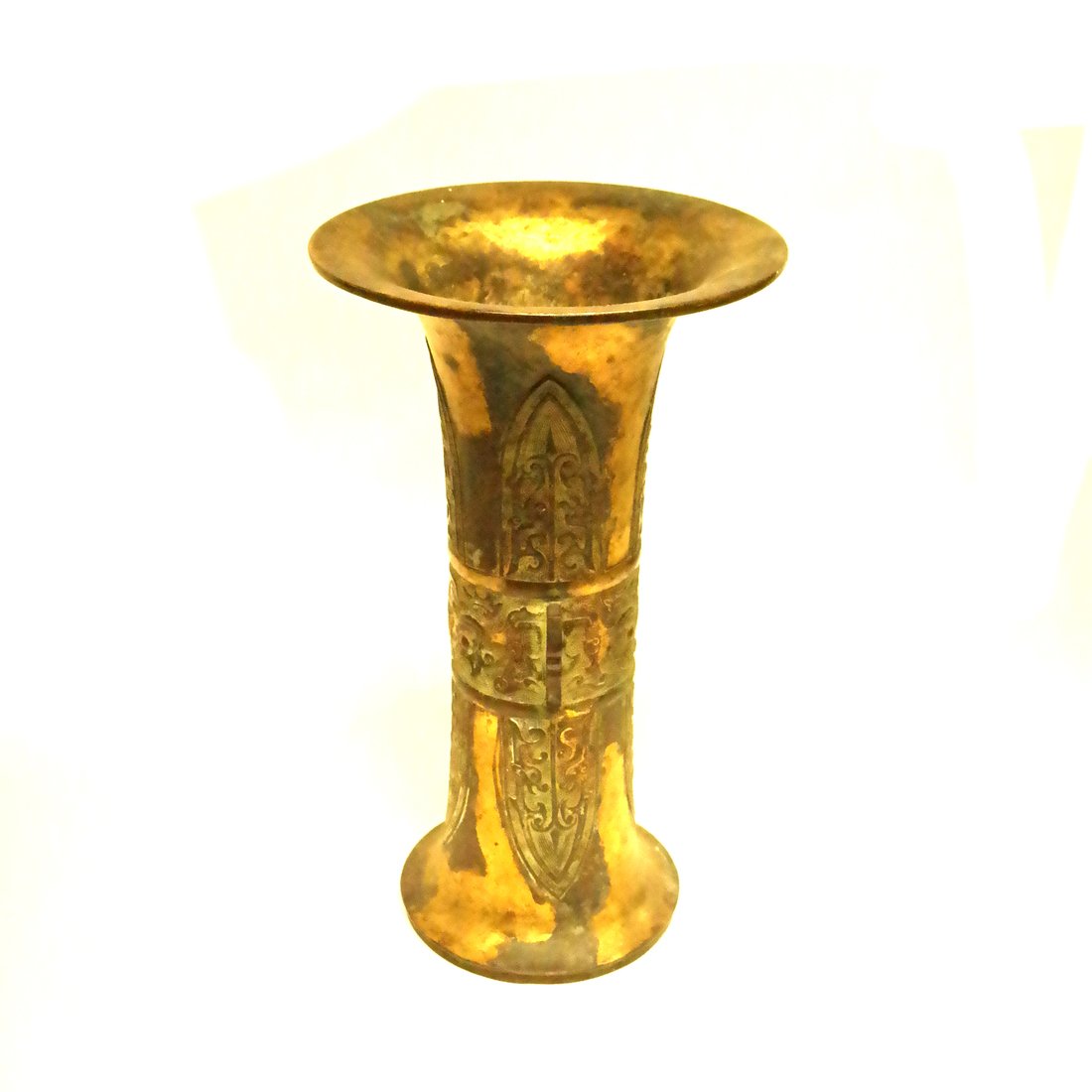 Chinese Bronze Ancient Style Wine Vessel: Chinese Parcel Gilt Bronze Ancient Style Wine Vessel (Zun), the center applied with lappet borders centering a band of stylized bats and masks, [H 15" x D 8 3/4"], some surface wear overall, few areas