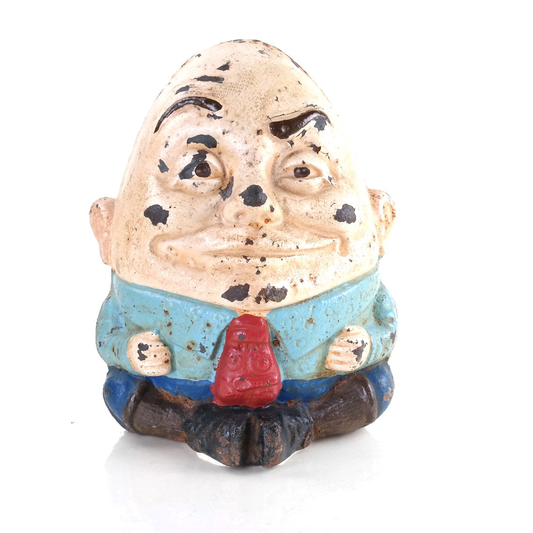 Cast Iron Humpty Dumpty Doorstop: Hollow-cast in high relief. [ 9 1/4" H x 8" W].