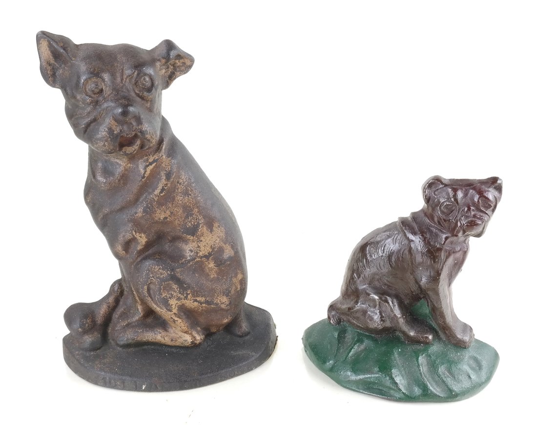 Two Cast Iron Dog Doorstops: Molded as Mutt and His Bone probably by Creations Co., apparently unmarked, and Seated English Bulldog probably by Johnson, apparently unmarked, [Sizes from 8 1/2" to 5 1/4" H and 5 3/4" to 5" W].