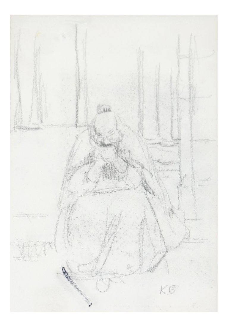 Kate Greenaway, Seated Woman, Drawing: A pencil drawing of a seated woman, initialed lower right "KG" [7" H x 5" W].