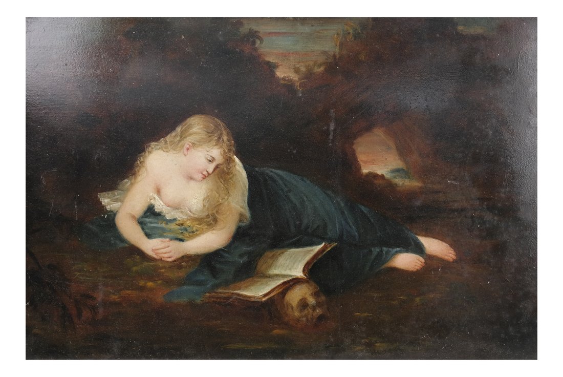 Painting Over a Print, Mary Magdalene: Painting over a print, depicting Mary Magdalene reclining with a book and skulls. Oil on carton. [Art: 12 1/4" H x 18 1.2" W; Frame: 13 3/4" H x 20" W]. Scratches, scuffs, marks and soil.