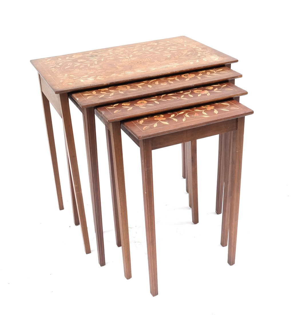 Nest of Four Tables: Early 20th century American nest of tables. [Largest dimensions: 28" H x 28" W x 18" D]. Overall good condition, but with scratches.