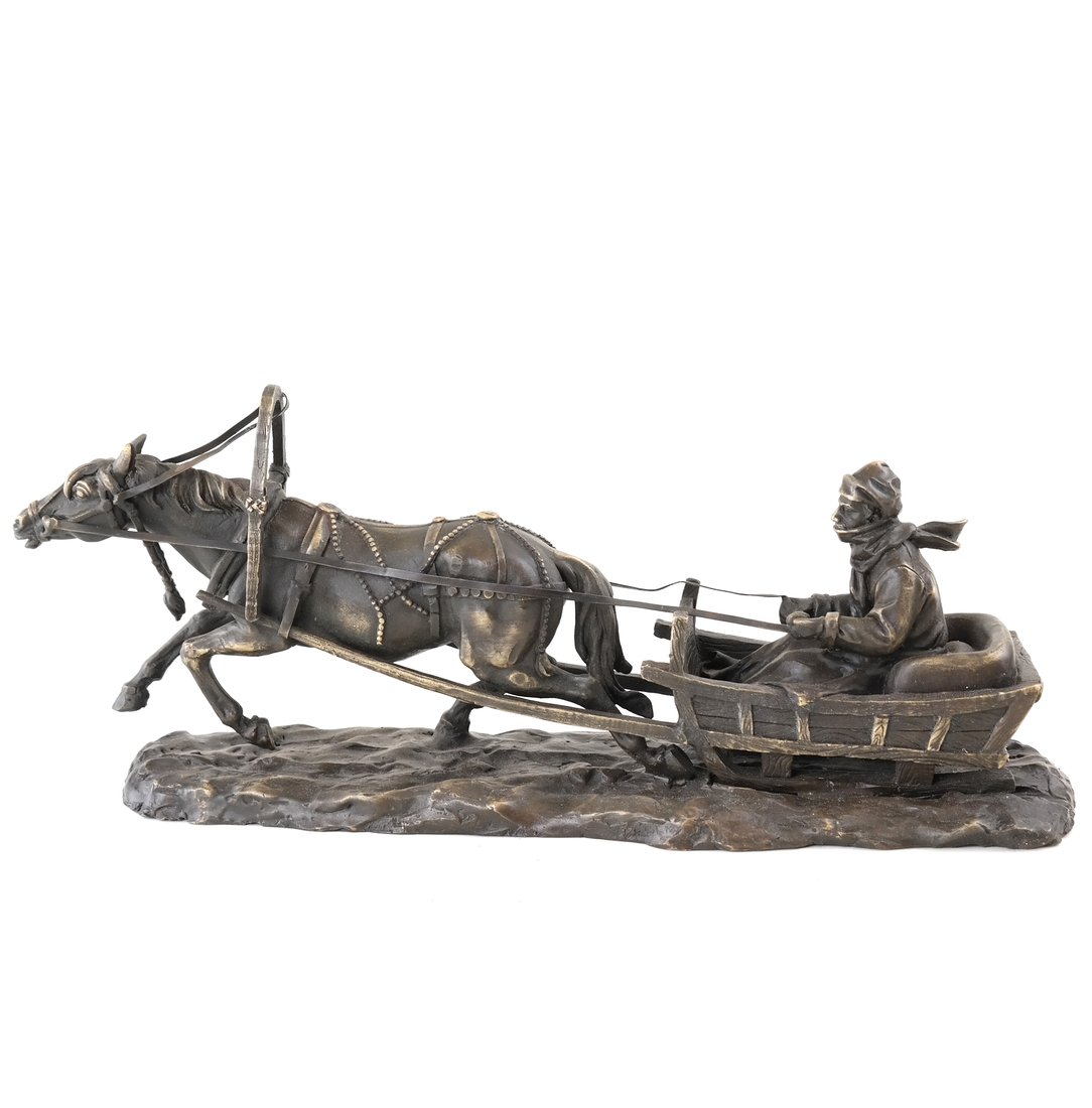 Gornik, Bronze Troika: Bronze sculpture of a troika ( man and a horse drawn sleigh). [7" H x 16 3/4" W x 4 1/4" D].