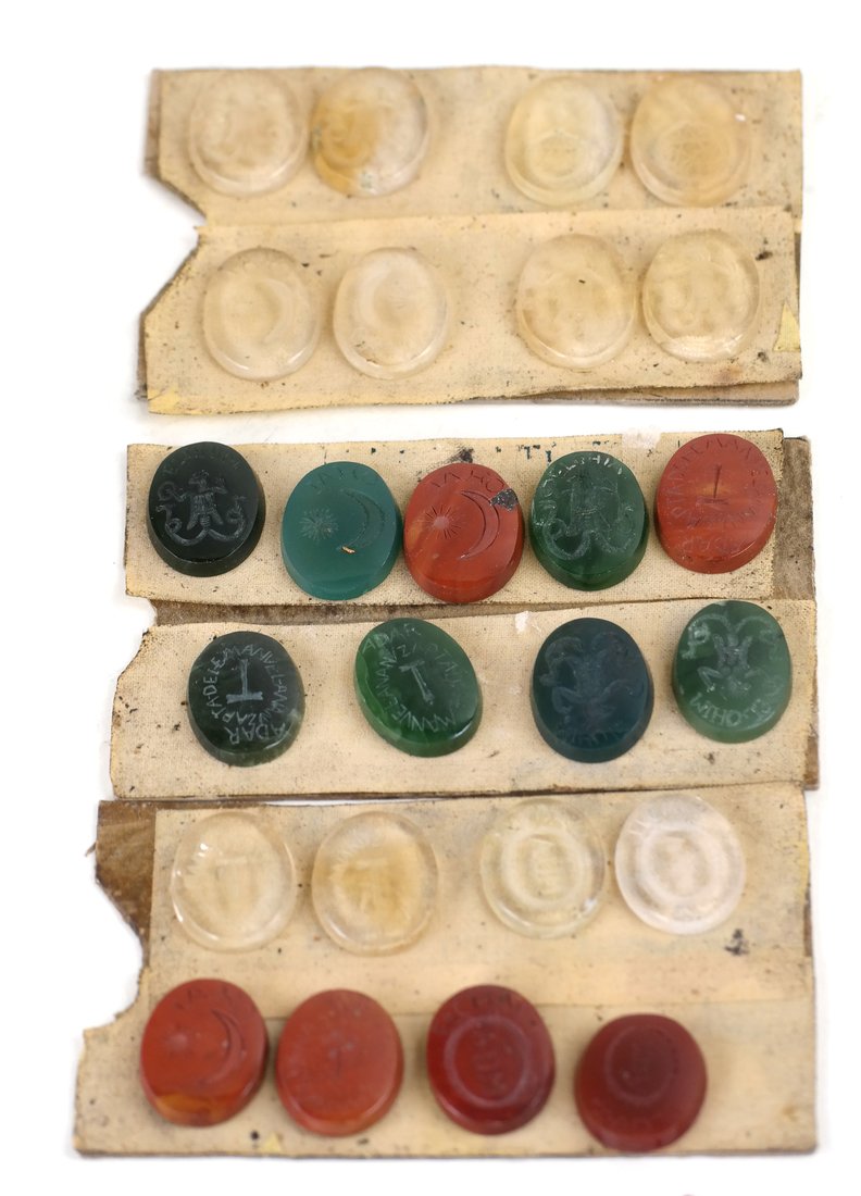 25 Assorted Kabbala Inscribed Stones: Includes various stones, rock crystal, carnelian, more.