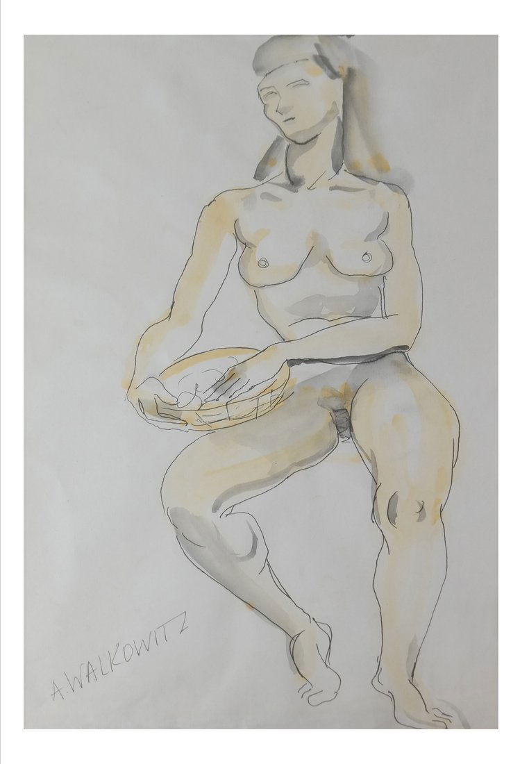 A. Walkowitz, Female Nude: Abraham Walkowitz (Russian/American 1878-1965] Framed female, nude mixed media. Signed at lower left. [Sight:: 16 1/2" H x 11" W; Frame: 25 1/2" H x 19 3/4" W]. Minor creasing. Not examined out of fra