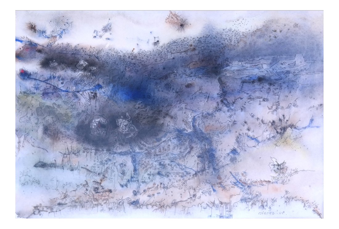 Bertil Sjoberg, Abstract Mixed Media: Bertil Sjoberg, Abstract composition, watercolor and ink. Signed bottom right and dated "65". [Sight: 10 5/8" H x 15" W; Frame: 20 1/2" H x 26 3/4" W]. Good condition. Not examined out of frame.