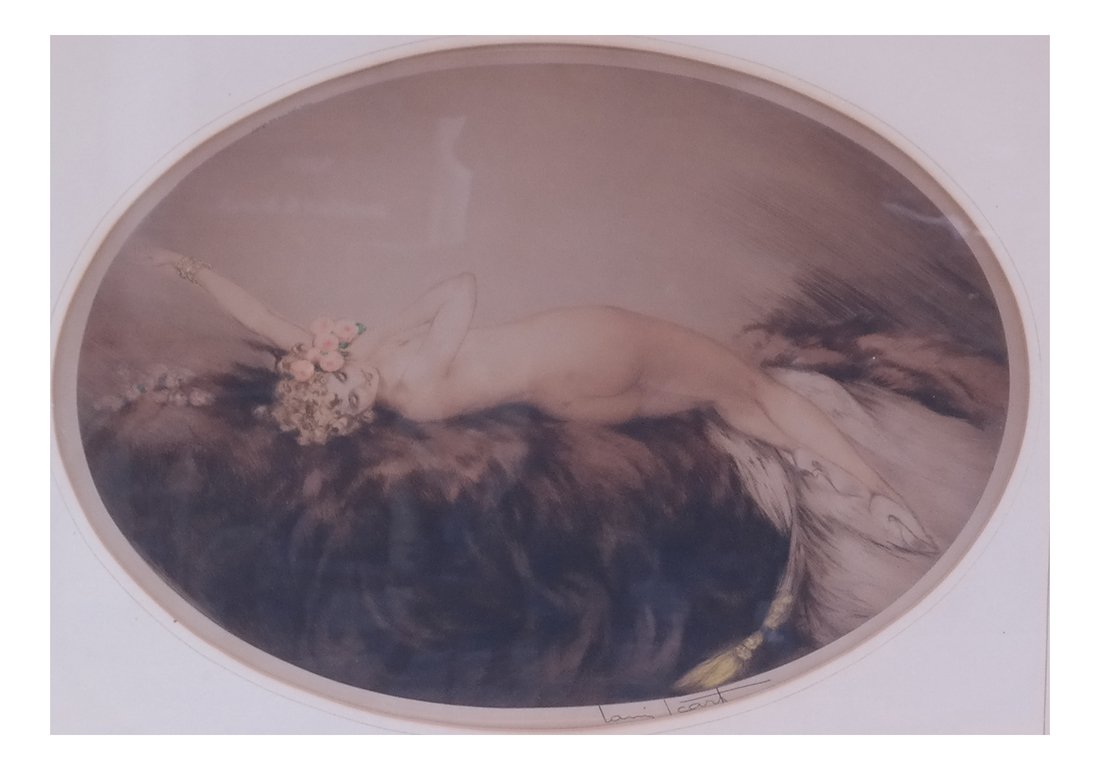 Louis Icart, Reclining Nude, Etching: Louis Icart (French 1880-1950) Framed etching depicting a reclining nude female with flowers in her hair. Signed in pencil at bottom right, artist's "windmill" blindstamp at bottom left. [Sight: 14" H