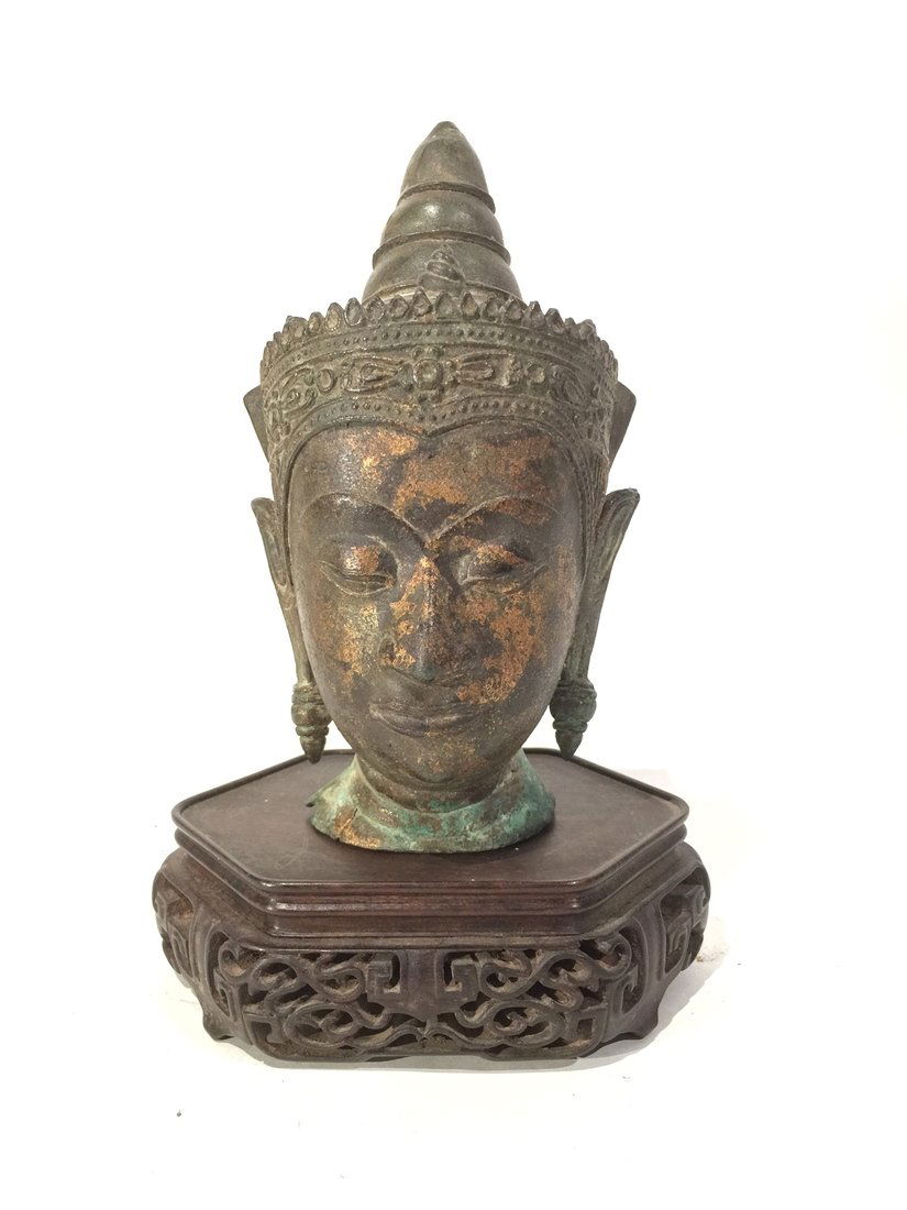 Early Bronze Head of Buddha & Wood Stand (1 of 5)