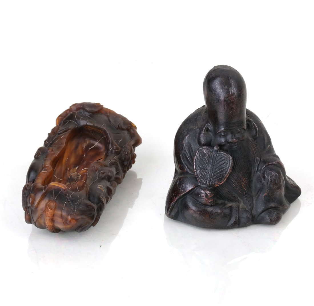 Antique Brush Washer & Figure: Antique Chinese brush washer together with an antique seated figure possibly a Japanese Bizen. [Approx. 3 3/4" to 1" H].