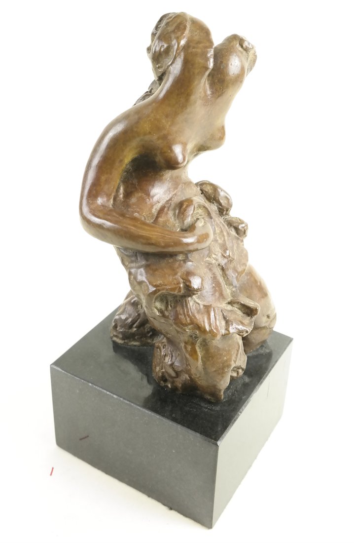 Bronze Figure After Alexander Archipenko: After Alexander Archipenko, kneeling nude, patinated bronze, inscribed "Archipenko 1914" behind her left thigh, on a black granite cube-form base. [Figure: 9 1/2" H x 5" D x 5" W; Total: 13 1/2" H x 5