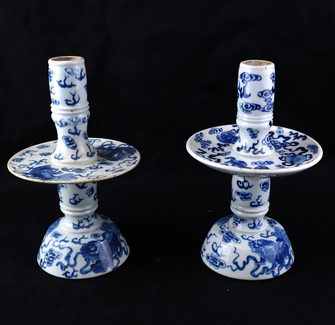 2 Chinese Blue/White Alter Candlesticks (1 of 6)