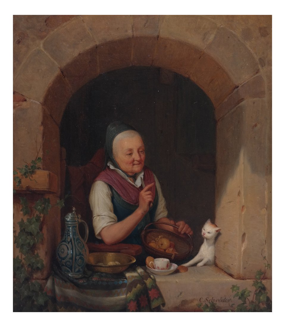 C. Schroder, A Woman & a Cat: C. Schroder ( German 1802-1867) A woman and a cat, oil on canvas. [Art: 11" x 9 1/2"; Frame: 16" x 14 3/4"].