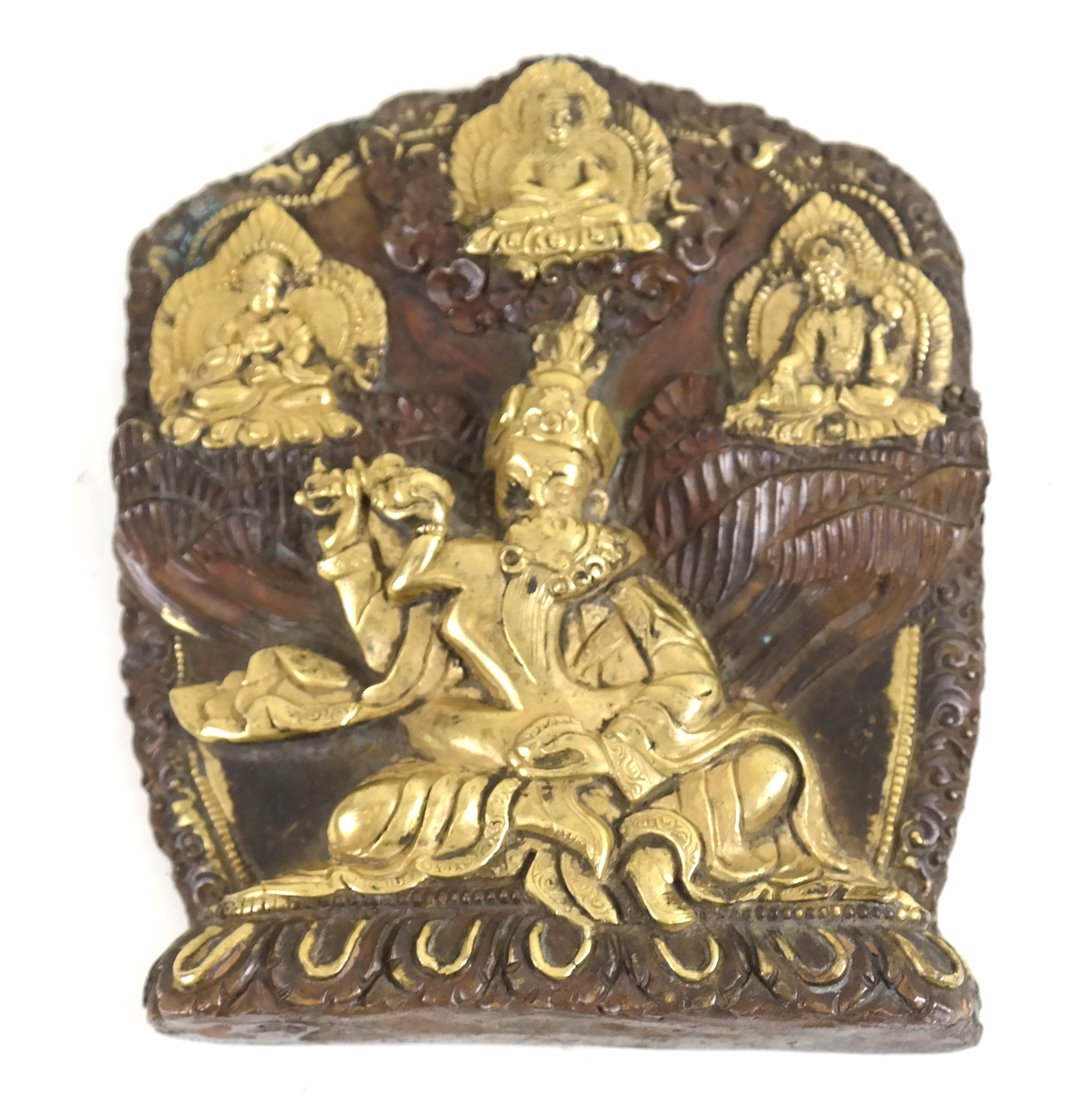 Chinese Parcel Gilt Bronze Sculpture: Depicts four images of seated deities in a relief against a brown patinated background. [4 1/4" H x 3 1/2" W x 3/4"D ]. Light wear to gilding.