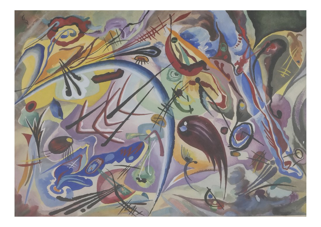 After Wassily Kandinsky, Gouache/Paper: After Wassily Kandinsky (1866-1944), Gouache on paper, inscribed with stylized initials and date "VK / 19" lower right, matted and framed, [Sight 10 3/4" x 14", Frame 17 1/4" x 22 1/4"], Good conditio