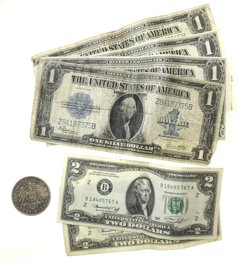 Large Series Currency and Prussian Coin: Comprises: four large series 1923 $1 bills, two $2 dollar bills, and 1901 5-mark Prussian coin.