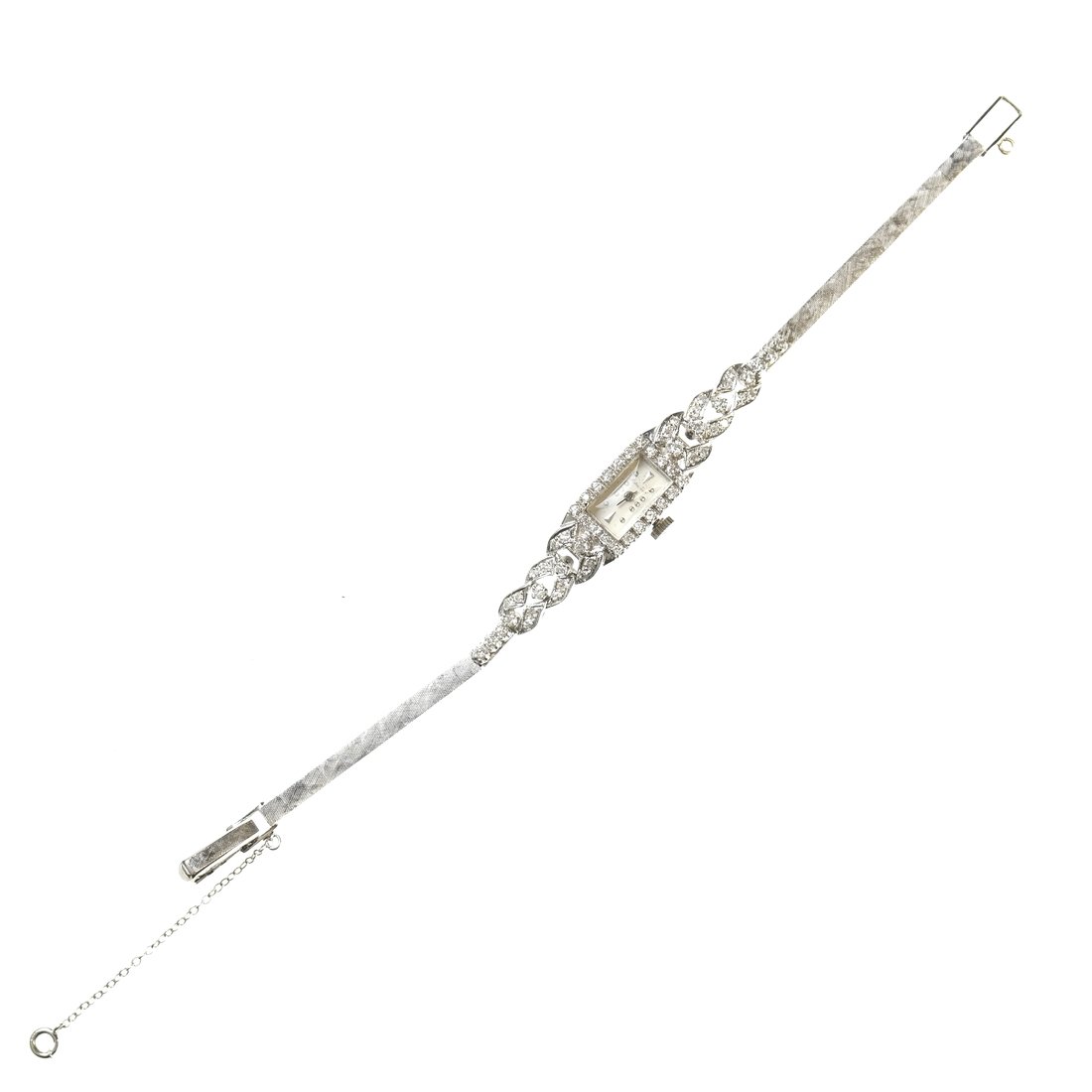 14k Mathey-Tissot Diamond Watch: 14k Mathey-Tissot ladies' white gold diamond wristwatch set with 58 single and full cut diamonds. 11.8 dwt inclusive. Accompanied by original box.