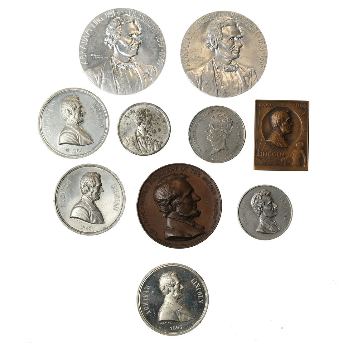 Sampler of Large-diameter Lincoln Medals, 1865-1909.: Bronze, White Metal, Aluminum. Includes William H. Key Broken Column. Hugues Bovy 1865, 1860 Campaign, Railsplitter of the West, Elder Beloved by Rich and Poor Alike, Elder Lincoln Temperance, Ripstra