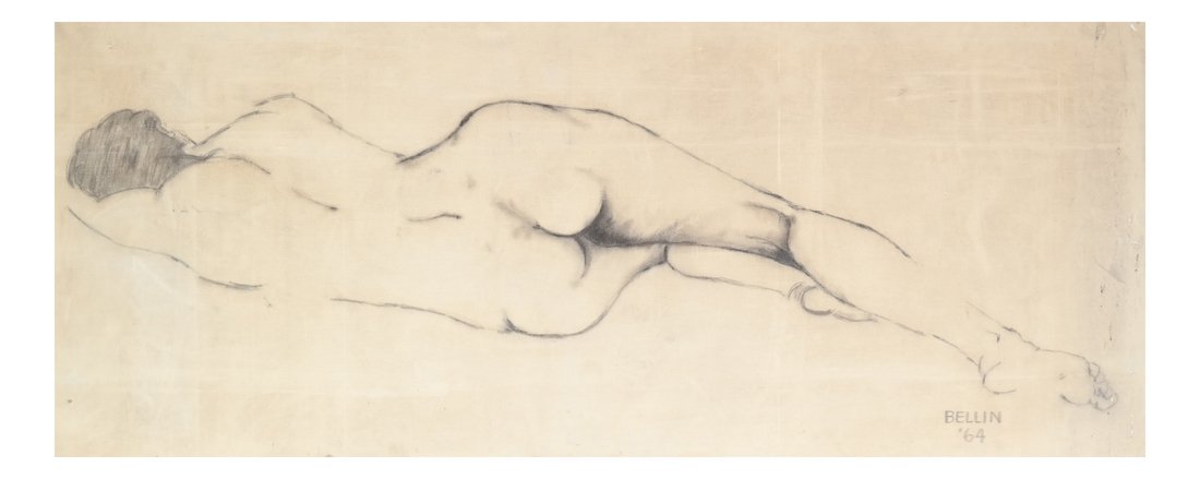 Bellin, Reclined Nude, O/C: Unframed oil on canvas of a reclined female nude. Signed lower right and date "64. [30" x 72"]. Soiling and abrasions.