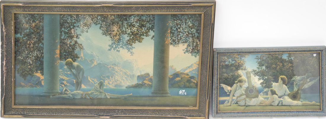 After Maxfield Parrish, Two Prints: After Maxfield Parrish, two framed lithographs depicting neoclassical figures in landscapes. [Sight: 5 1/2" x 9 1/2" and 9 1/2" x 17 1/2" ; Frame: 6 3/4" H x 10 3/4" and 12" x 20"].