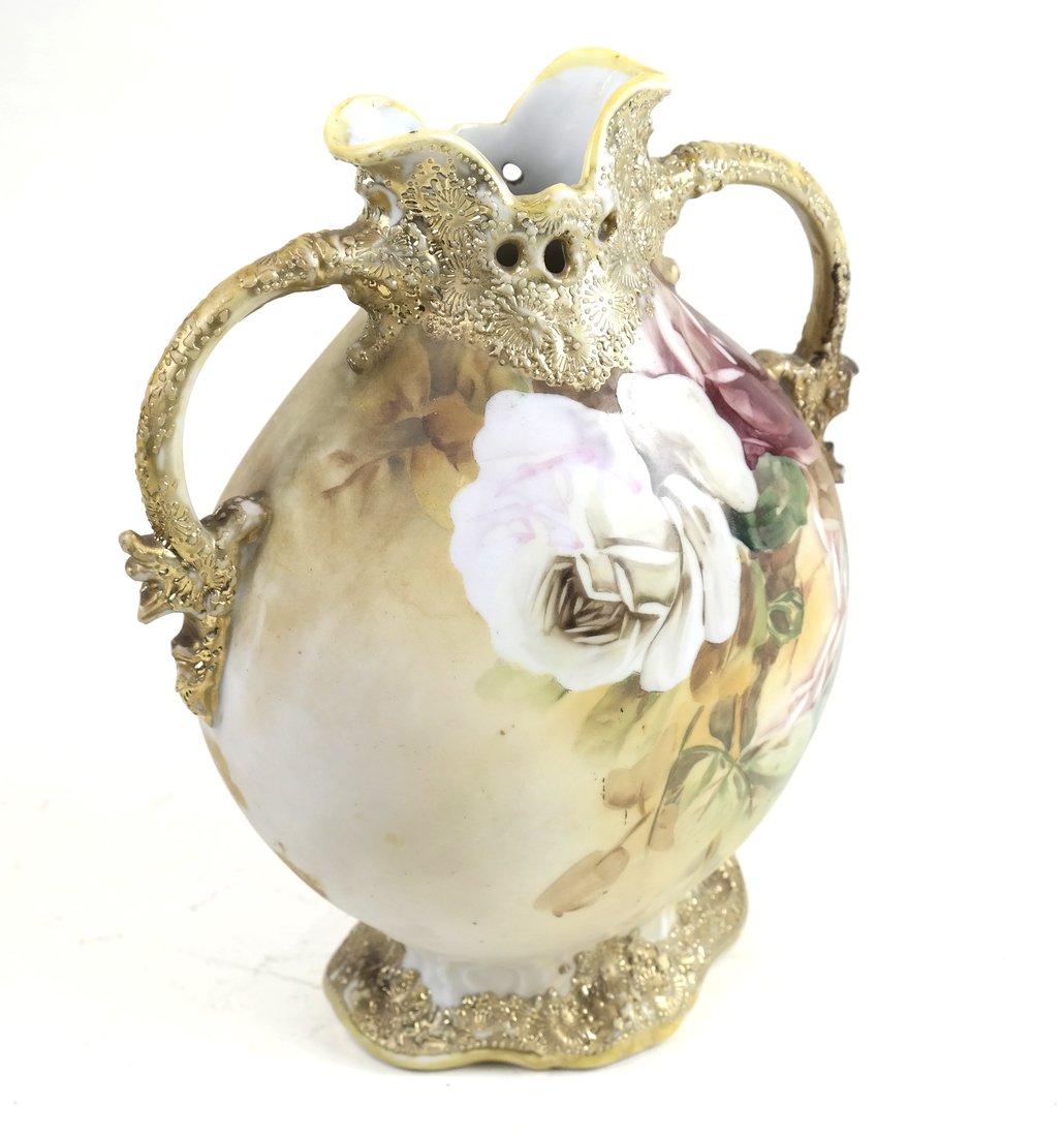 Nippon Vase: Hand-painted Nippon vase [10" H x 8" Dia].