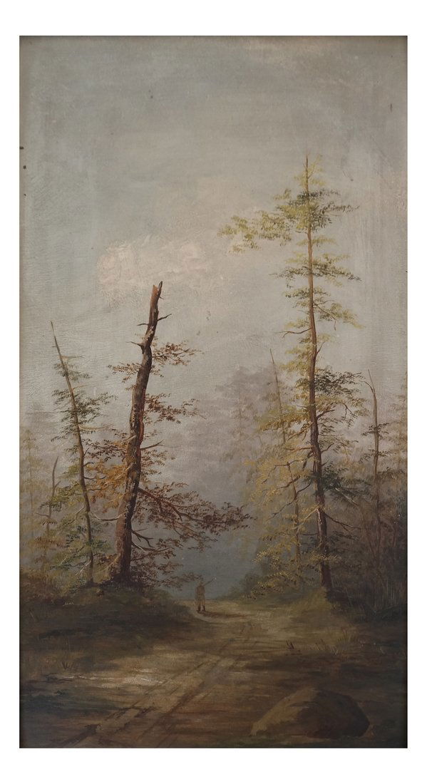 Landscape With Trees, Oil on Panel: Framed landscape scene with trees, oil on panel. [Sight: 18 1/2" H x 10" W; Frame: 24 1/2" H x 16" W]. Minor paint chips upper left edge.