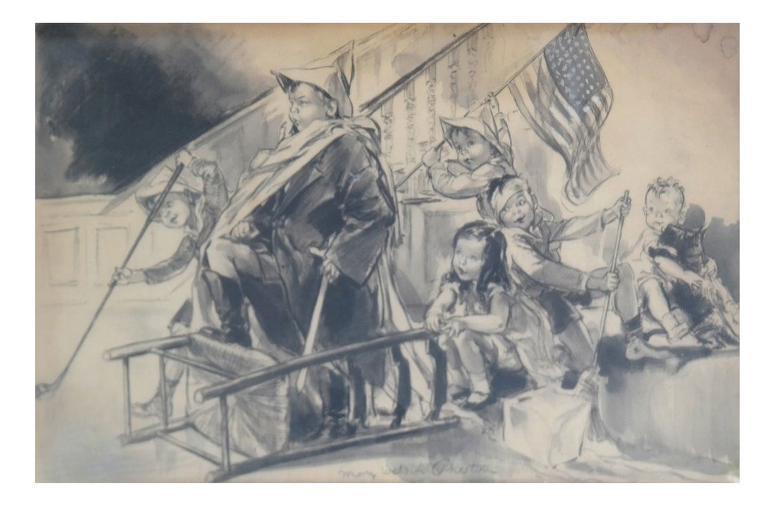 May Wilson Preston, Figural Scene,: May Wilson Preston (American, 1873-1949). Framed charcoal drawing on paper, depicting children with an American flag. Signed bottom center. [Sight: 15" H x 22 1/4" W; Frame: 23 1/2" H x 29 1/2" W]. Mi