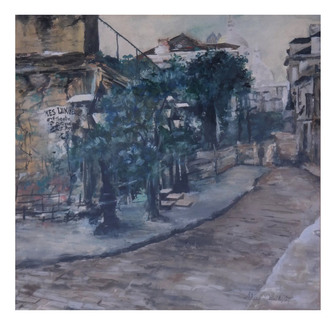 After Maurice Utrillo. Street Scene: After Maurice Utrillo. Street Scene, gouache. Signed lower right. Bears "Art Investment Corporation" stamp on verso. [Sight: 15 1/2" H x 15 3/4" W; Frame: 24 1/2" H x 24 1/2" W]. Overall good conditio