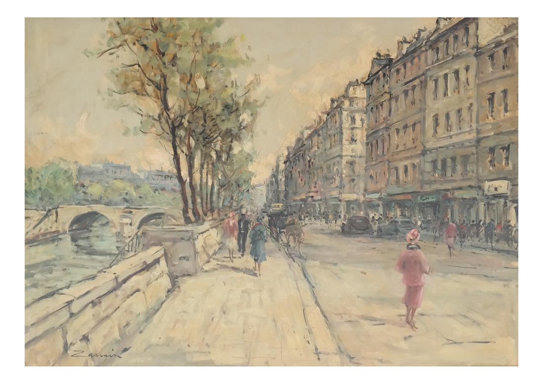 Cityscape, Oil on Canvas: Framed city scene, possibly of Paris. Signed illegibly lower left. [Sight: 23 1/2" H x 35 1/2" W; Frame: 29" H x 41" W]. Surface grime.